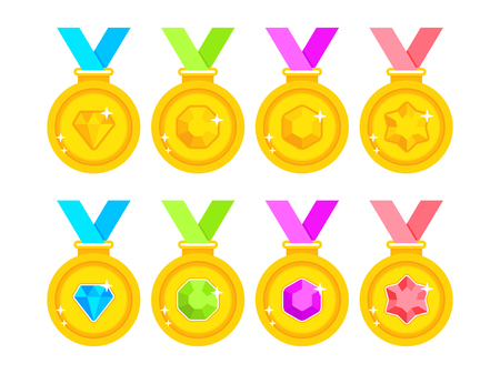Set of award medals with colored ribbons on white background. Set of gold medals decorated with gems. Flat gold medals. Vector illustrationのイラスト素材