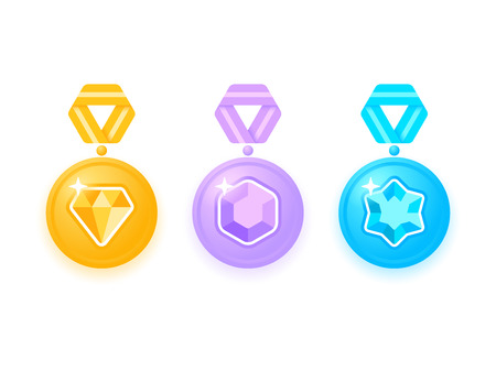 Set of beautiful colored medals with jewels. Collection of award medals with ribbons. Medal isolated on white. Medal icon set. Vector illustrationのイラスト素材
