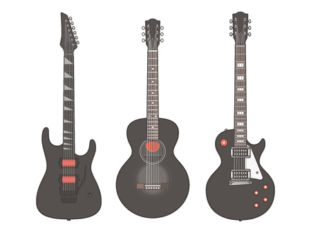 Acoustic and electric guitars set isolated on white background. Collection of stylized guitar, flat vector illustrationのイラスト素材