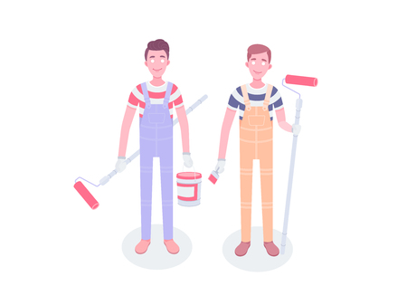 Happy cartoon repairman painter worker. Young painters workers vector flat characters. Workers in overalls standing isolated and holding building tools.のイラスト素材