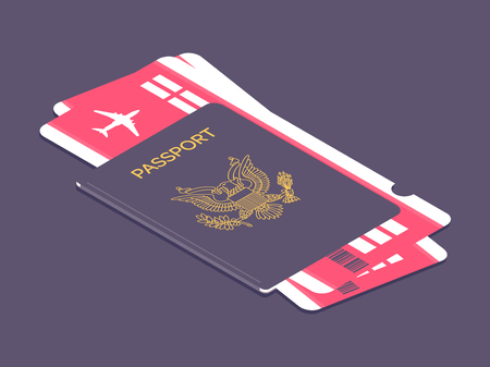 US passport with boarding passes. Airline tickets and passport. Concept for travel and vacations. Vector illustrationのイラスト素材