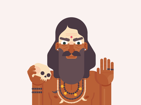 Holy Men of India. Cartoon character of a Holy Sadhu man with traditional painted face. Monk practicing Shaivism. Flat vector illustrationのイラスト素材