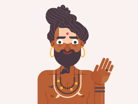 funny cartoon Indian young monk. Holy Sadhu. Indian wandering monk flat vector illustrationのイラスト素材