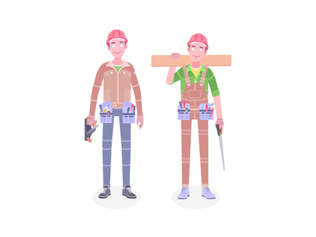 Happy cartoon repairman carpenter worker with safety helmet. Young construction workers vector flat characters. Workers in workwear.のイラスト素材
