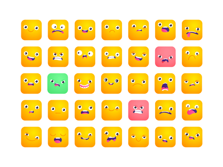 Set of square emoji. Smile icons. Vector emoticons isolated on white. Funny flat style emojiのイラスト素材