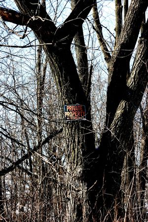 Private property sign posted on a tree to warn trespassers.の写真素材