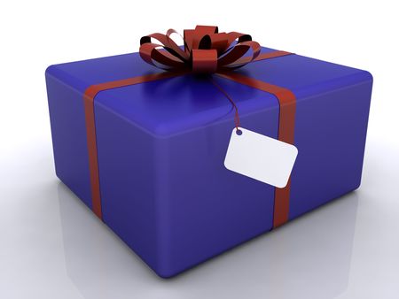 blue and red christmas present with tagの写真素材