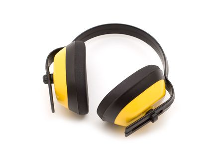 yellow protection headphones on white backgroundの写真素材