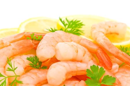 parsley,lemon and shrimps on white backgroundの写真素材