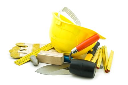 mason working tools on whiteの写真素材
