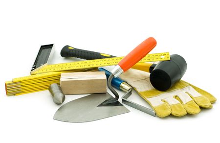 mason working tools on white backgroundの写真素材