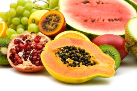fresh exotic fruits on white backgroundの写真素材