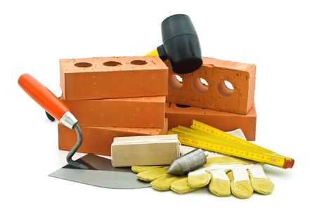 mason tools on white background の写真素材