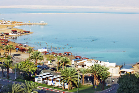A high view overlooking the activity along the southwest border of the Dead Sea in Israel.