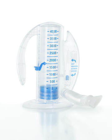 Close-up image of an incentive sppirometer, a device used to encourage deep breathing to prevent...
