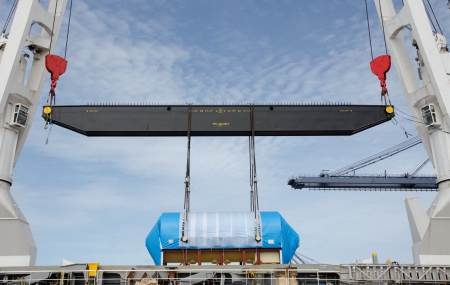 Two cranes to lift heavy equipment on the ship のeditorial素材