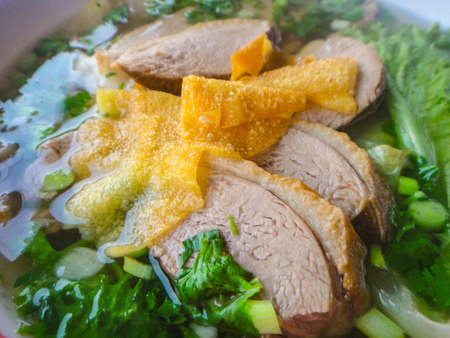 A close-up of a duck meat soup with a few herbsの写真素材