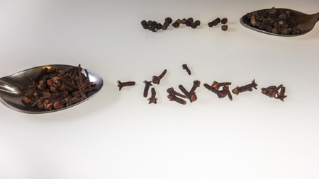Clove and pepper arranged side by side on two spoons and white backgroundの写真素材