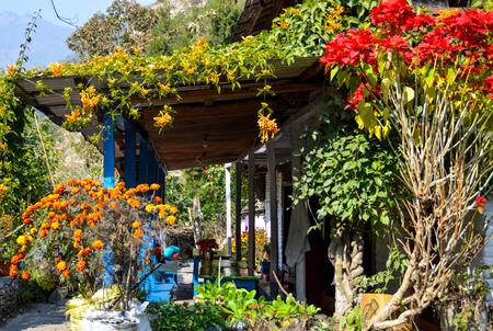 A flower-covered guesthouse on the Annapurna Hiking Trail in Nepalの写真素材