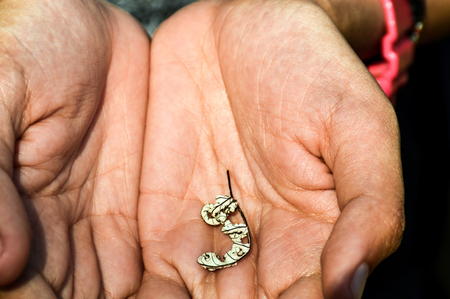 A female hand holds a small dried leaf in the hnad bottle.の写真素材