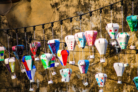All these hand-painted small lanterns hang over the streets of Penang, Malaysiaの写真素材