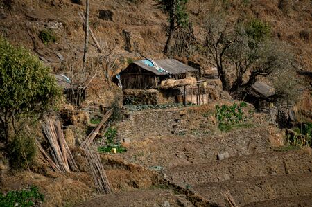 Traditional Nepalese mud house in Poonhill Ghorepani Pokhara in Nepalの写真素材