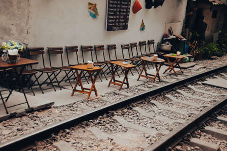 Coffee shop on a train tracks in the old city.の写真素材