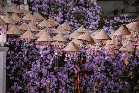 Thai paper lanterns decorated with purple flowers in the street.の写真素材