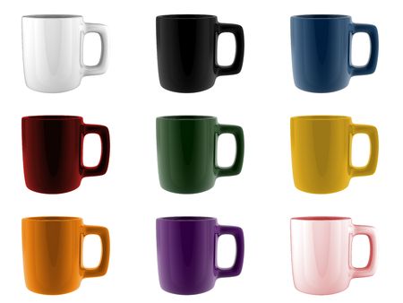 A render of a set of different colored mugsの写真素材