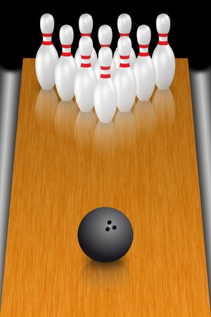 A render of a bowling ball in front of standing pinsの写真素材