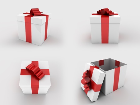 A render of an isolated white gift box with a red ribbon