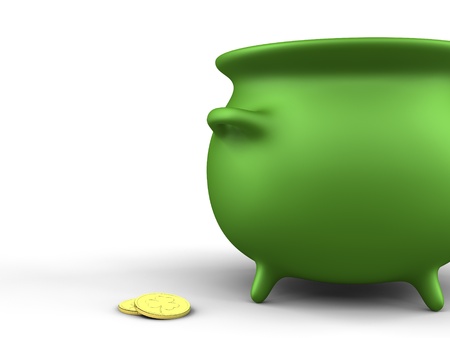 A render of a green pot and coins over whiteの写真素材