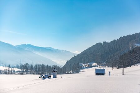 Mountain chapel in mountain landscape in winter under the snow. Schladming-Dachstein, Dachstein massif, Liezen District, Styria, Austriaの写真素材
