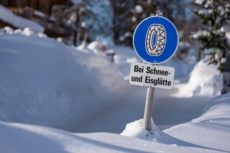 Traffic sign, warning, winter services, Schladming-Dachstein, Dachstein massif, Liezen District, Styria, Austria, Europeの写真素材