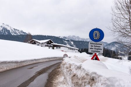 Traffic sign, warning, winter services, Schladming-Dachstein, Dachstein massif, Liezen District, Styria, Austria, Europeの写真素材
