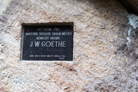 The stone memorial plaque of german writer Johann Wolfgang von Goethe in Adrspach-Teplice Rock stony town. Tourist attraction in Adrspach, Teplice, Czech Republic.のeditorial素材
