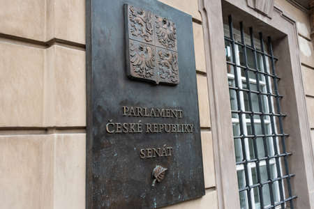 Prague, CZECH REPUBLIC - August 17,2018:  The Senate of the Parliament of the Czech Republic plaque placed on the building wall.のeditorial素材