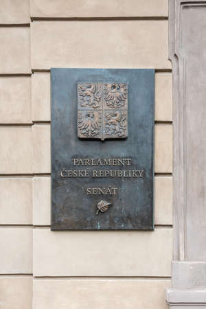 Prague, CZECH REPUBLIC - August 17,2018:  The Senate of the Parliament of the Czech Republic plaque placed on the building wall.のeditorial素材