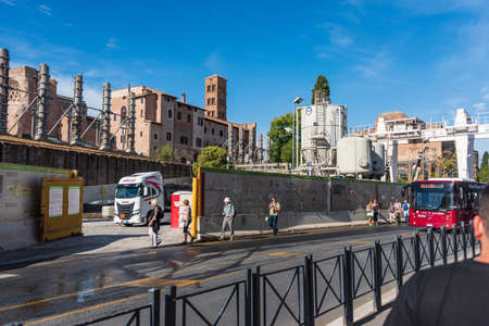 The works and construction site for the construction of the new metro Line C in front of the Colosseum. Underground Line C in Roma, Lazio, Italyのeditorial素材