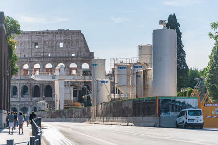 The works and construction site for the construction of the new metro Line C in front of the Colosseum. Underground Line C in Roma, Lazio, Italyのeditorial素材