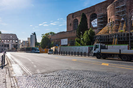 The works and construction site for the construction of the new metro Line C in front of the Colosseum. Underground Line C in Roma, Lazio, Italyのeditorial素材