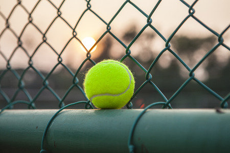 Tennis Ball on the Court Close Up at Sunsetの写真素材
