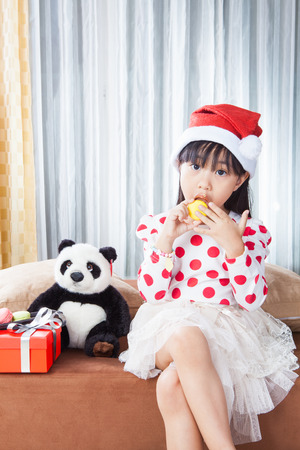 Little Girl With a Plate of Cookies and Macaroon for Santa / eating christmas cookies, macaroon isolated on white backgroundの写真素材