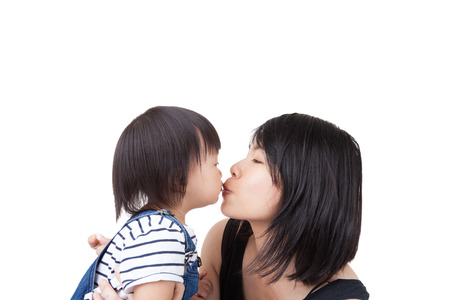 Picture of happy mother with kid girl on  white backgroundの写真素材