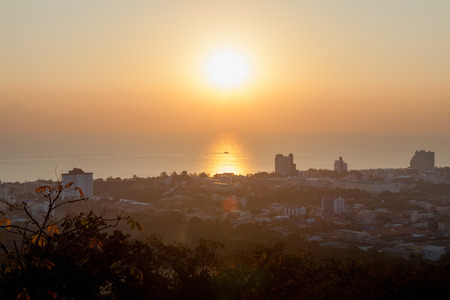 Sunrise sunset on the Beach at Hau-hin beach, in Thaland. golden ligth and clear blue sky, beautiful beach in morning/evening. / view high angleの写真素材