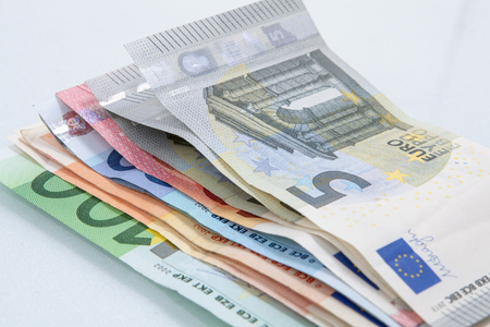 Several hundred euro banknotes stacked by value. Euro money conceptの写真素材