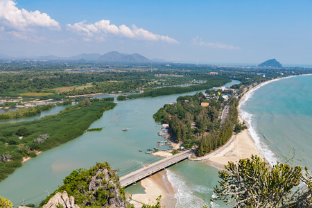 The tropical beach of Prachuap Khiri Khan Province, Southern of Thailand. Aerial view from Khao Chong Krajok temple top view point. Ao Prachuap Bay, Unseen Thailand.の写真素材