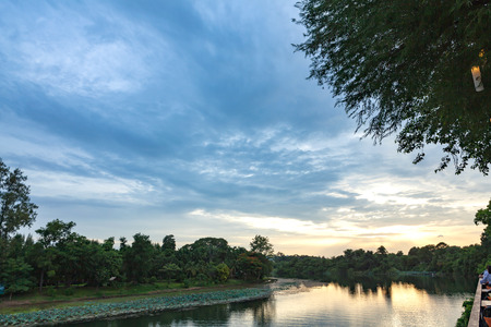 Aerial view of dramatic blue sky and sunset in the River Kwai Kanchanaburi, Thailand.