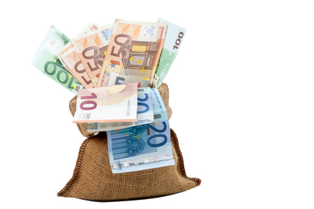 Bag of money with different euro bills isolated in studio shot on white background. have clipping paths.の写真素材