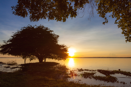 Sunset with tree  reflection in a lake at Ubonrat dam, Khon Khan city, Thailand.の写真素材